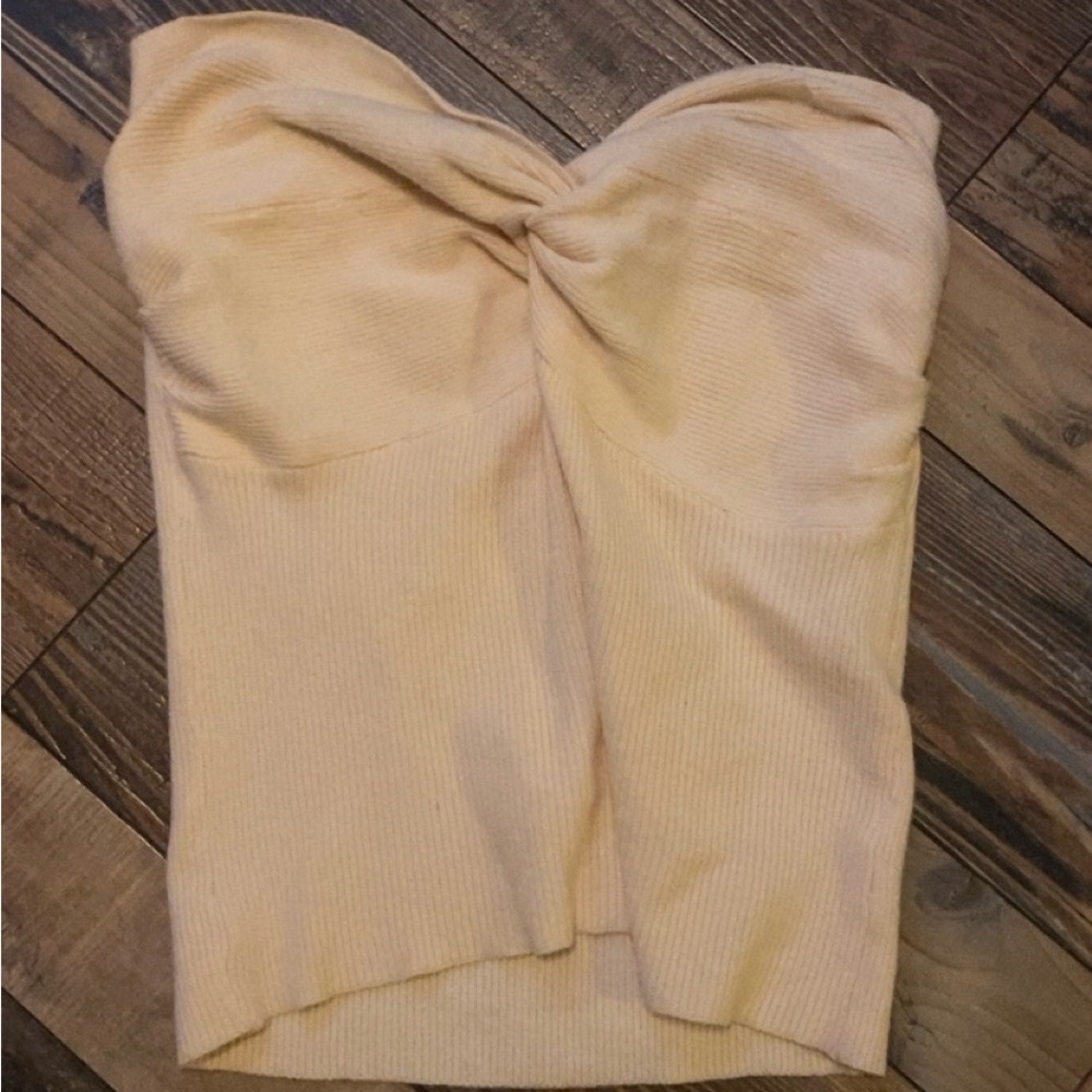 Amazon Cream Strapless Twist-Front Ribbed Tank Top